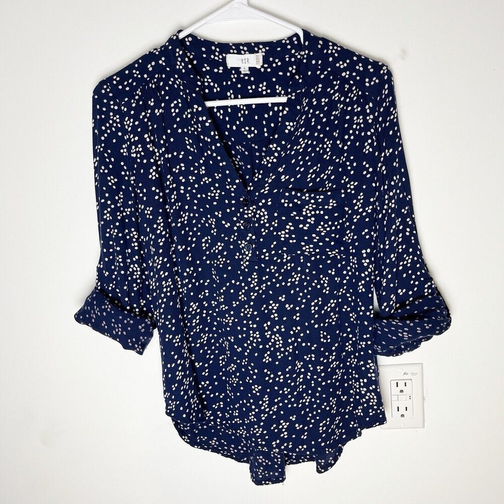 NSR Navy Blue Blouse Popover Shirt Polka Dot Small Roll Tab‎ Sleeve​​
